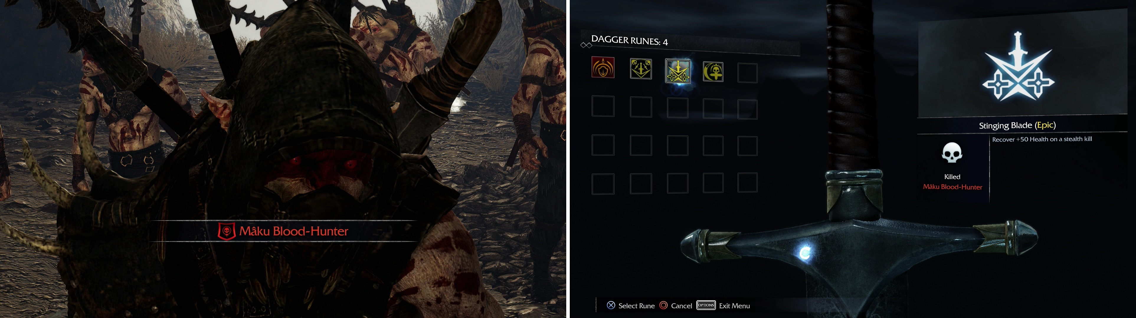 Confront Maku Blood-Hunter (left) and defeat him to earn the "Stinging Blade" Rune (right).