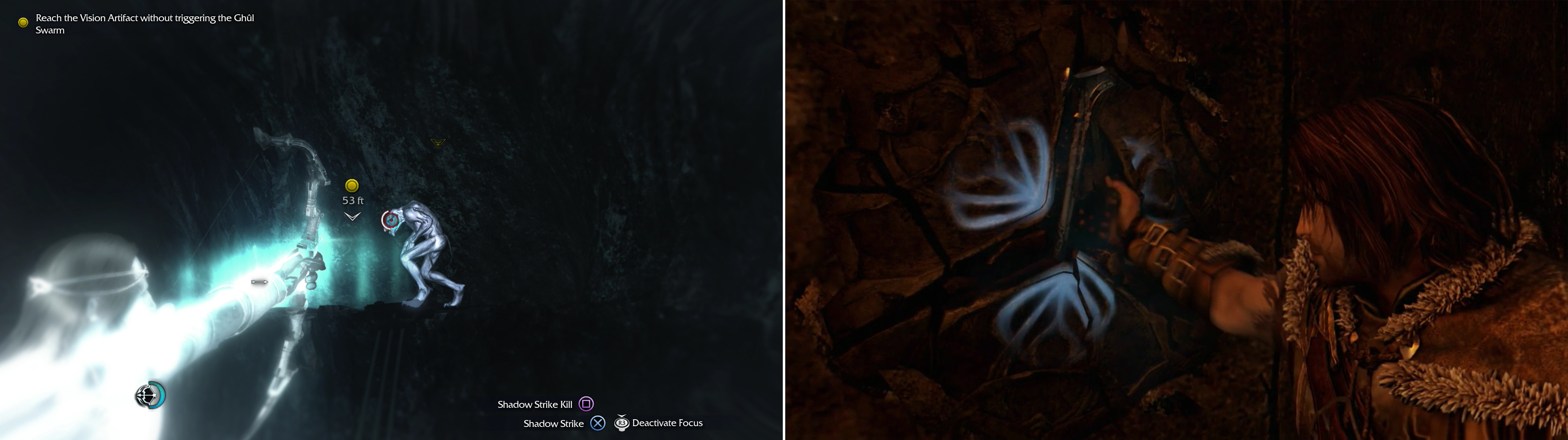 Keep to high ground wherever possible and follow the trail through the cave, avoiding the Ghuls. You should only need to kill one Ghul near the end of your path (left). Grab Celebrimbor's hammer to witness another vision (right).
