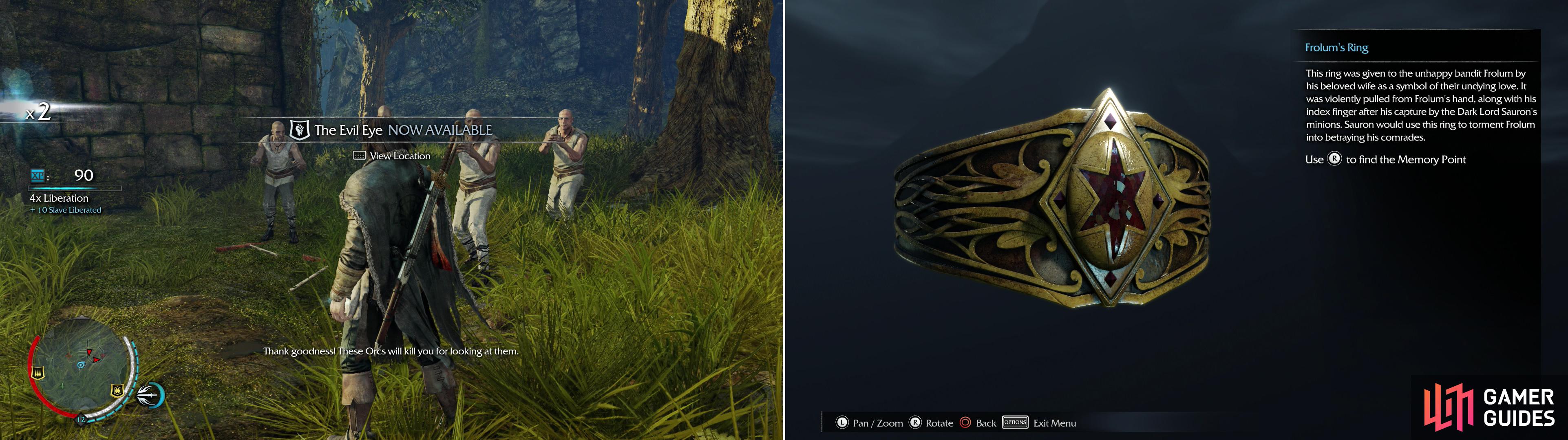 Men in Nurn are as oppressed by the Uruks as the ones in Udun (left). Pick up the Frolum's Ring artifact to finish up the Harad Basin (right).