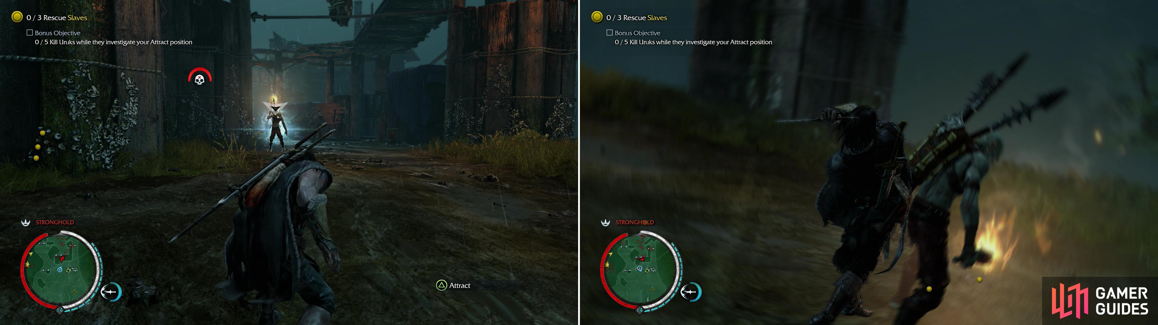 Use Attract to draw Uruks to your location (left) and while they move, position yourself to take advantage of them (right).