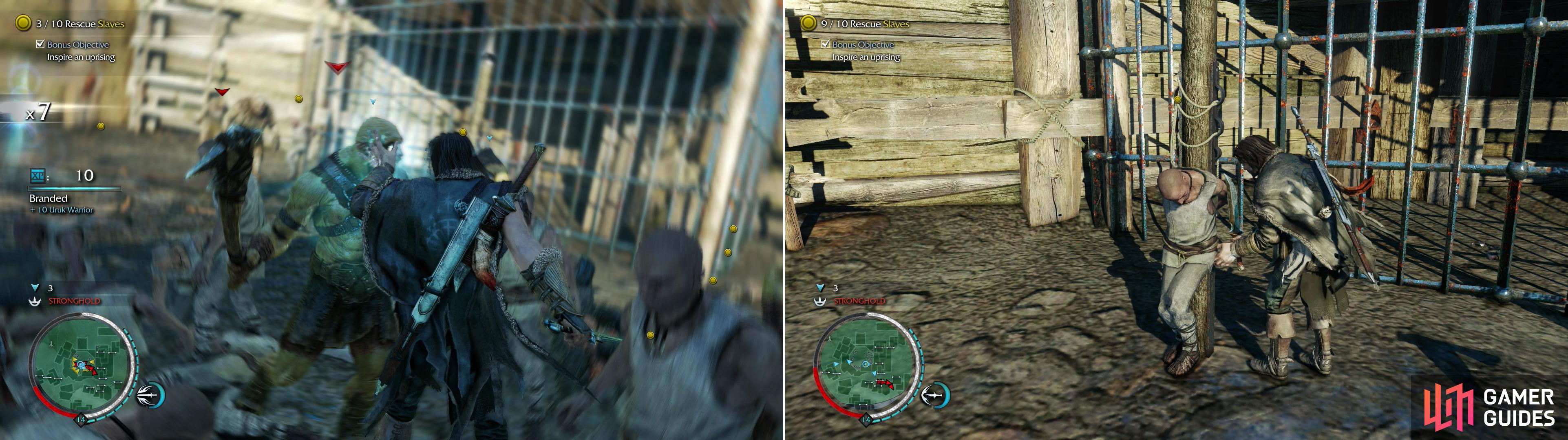 Combat Brand some Uruks to give you some allies (left) then free enough slaves to inspire an uprising (right).