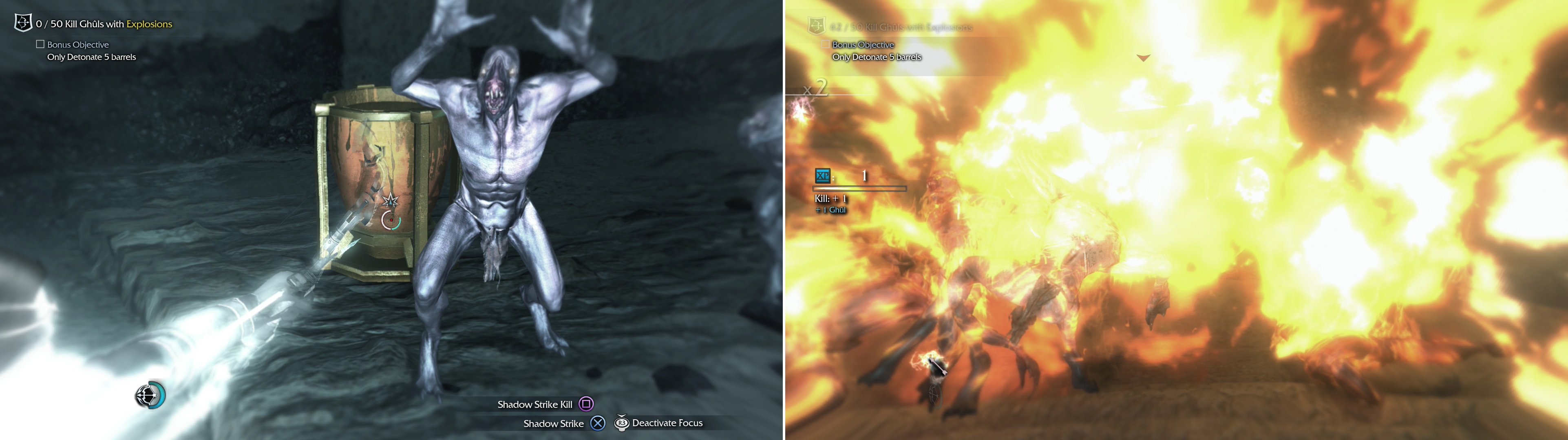 Wait for Ghuls to gather around explosive barrels (left) then blow them up! (right)