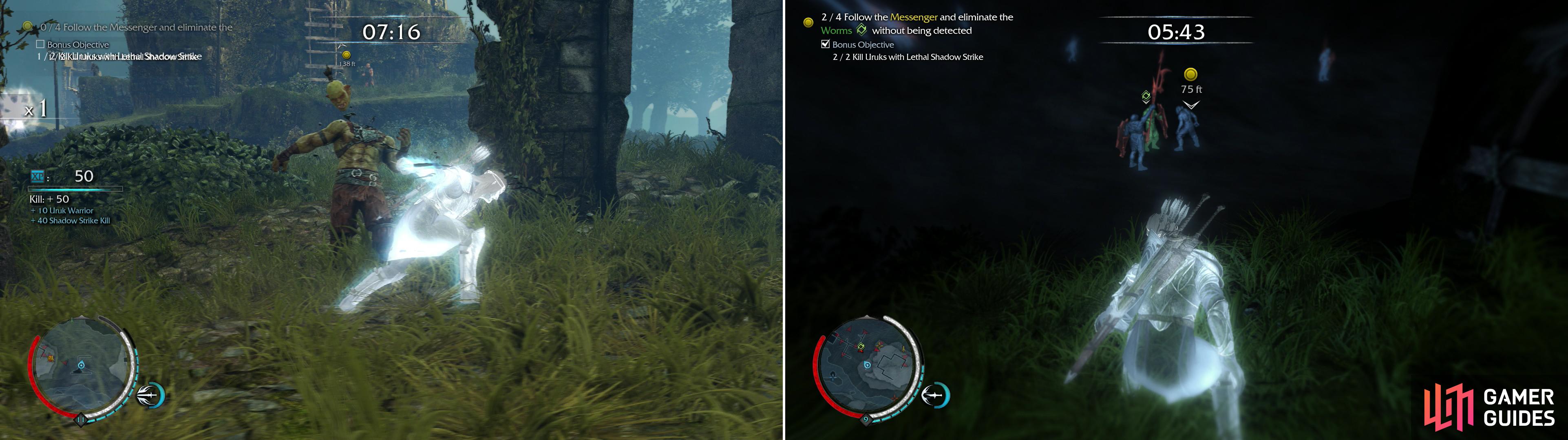 Shadow Strike will allow you to traverse distances instantly and quickly eliminate foes (left). The Messenger will gossip to various Uruks as he travels, turning them into Worms who must be exterminated (right).