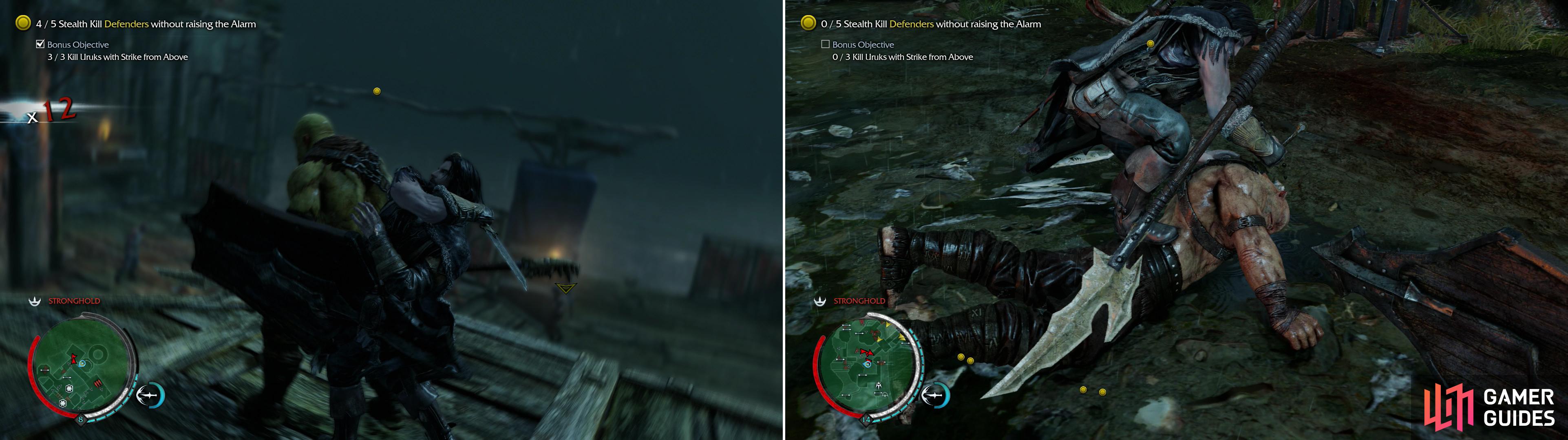 Stealth Kill five marked Uruks to complete the mission (left). Killing any three Uruks with Strike From Above will satisfy a bonus objective (right).