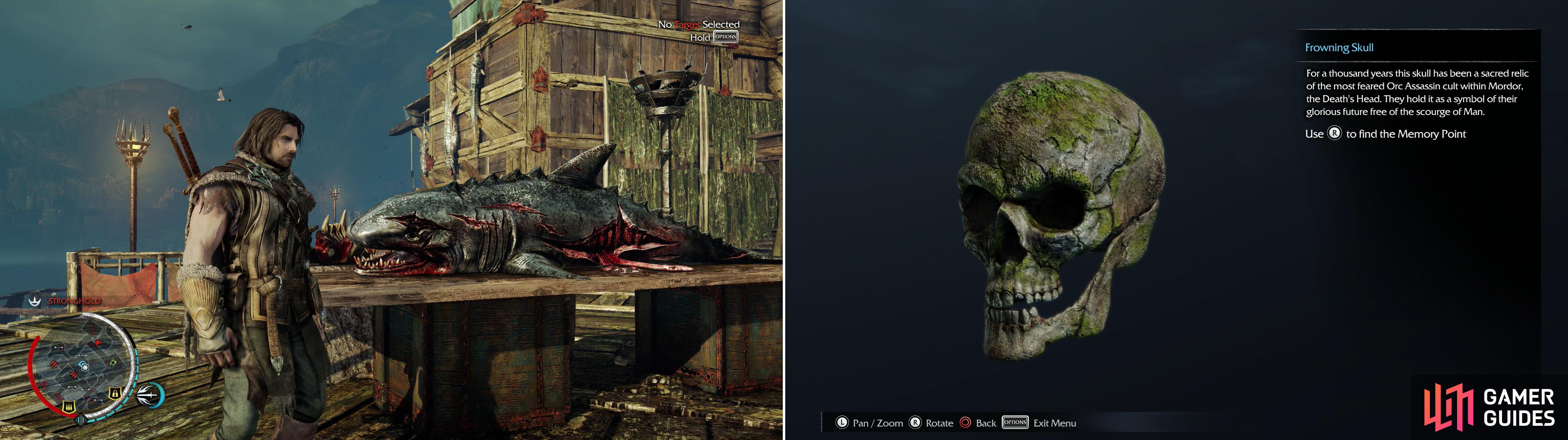 It should be no surprise that monsters lurk in the waters off Mordor (left). Pick up the Frowning Skull (right) a rather macabre Artifact.