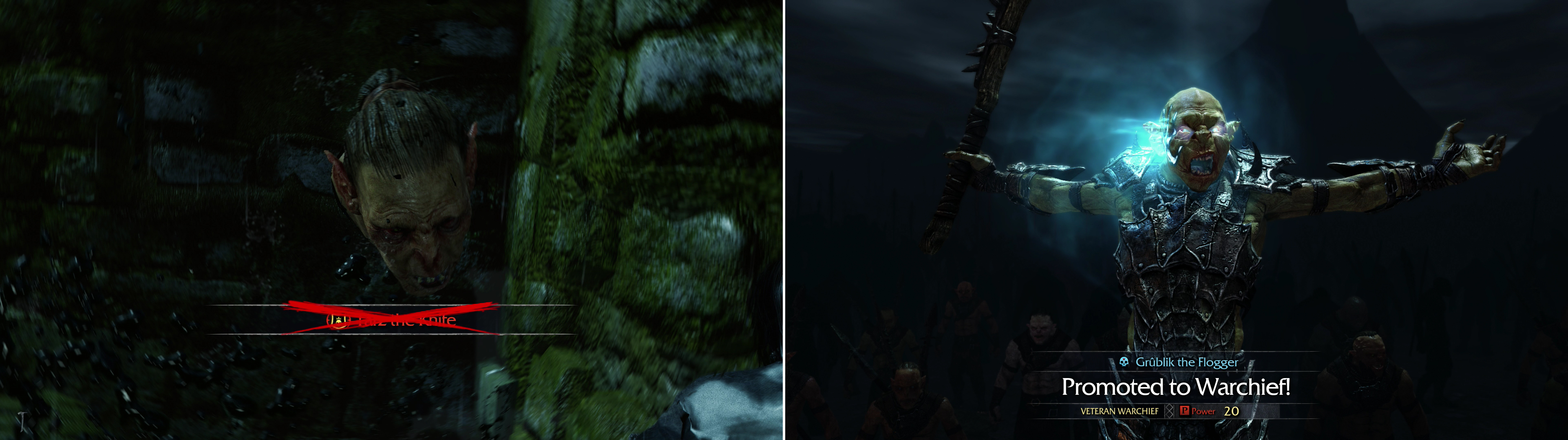 Help Grublik overthrow his Warchief (left) so that your branded servant can take his place (right).
