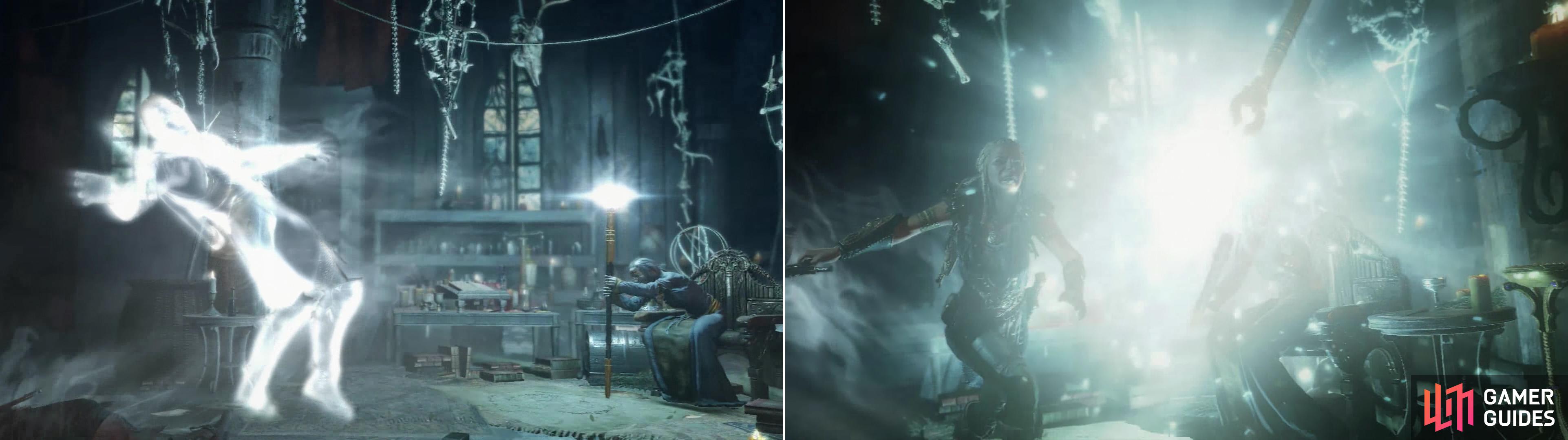 Talion and Celembrimbor will be ambushed when they return to Marwen (left) but Lithariel will intervene in a timely manner (right).