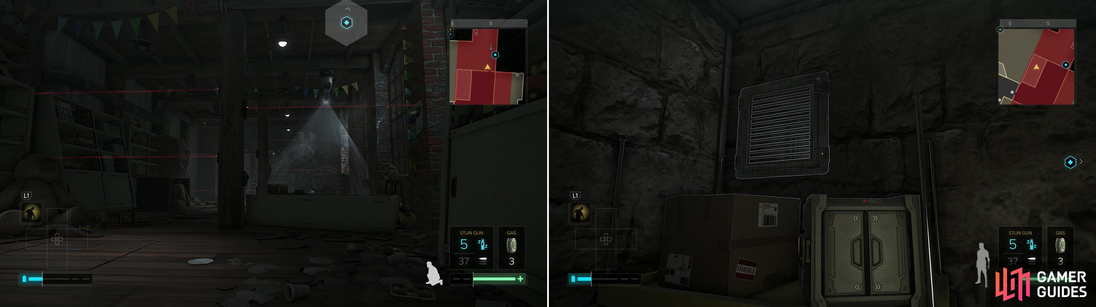You can either enter the front door and sneak through all the security (left) or just climb through a vent and get right to your destination (right).