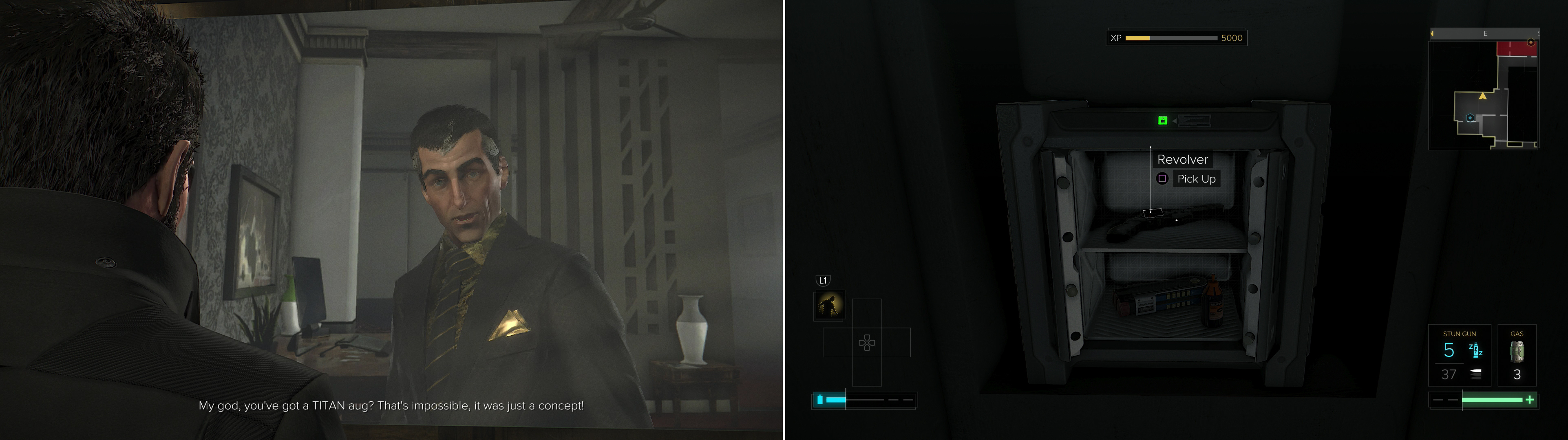 Confront Sarif and ask him about your mysterious augmentations (left) then go grab a bit of loot you couldn’t grab the first time around (right).