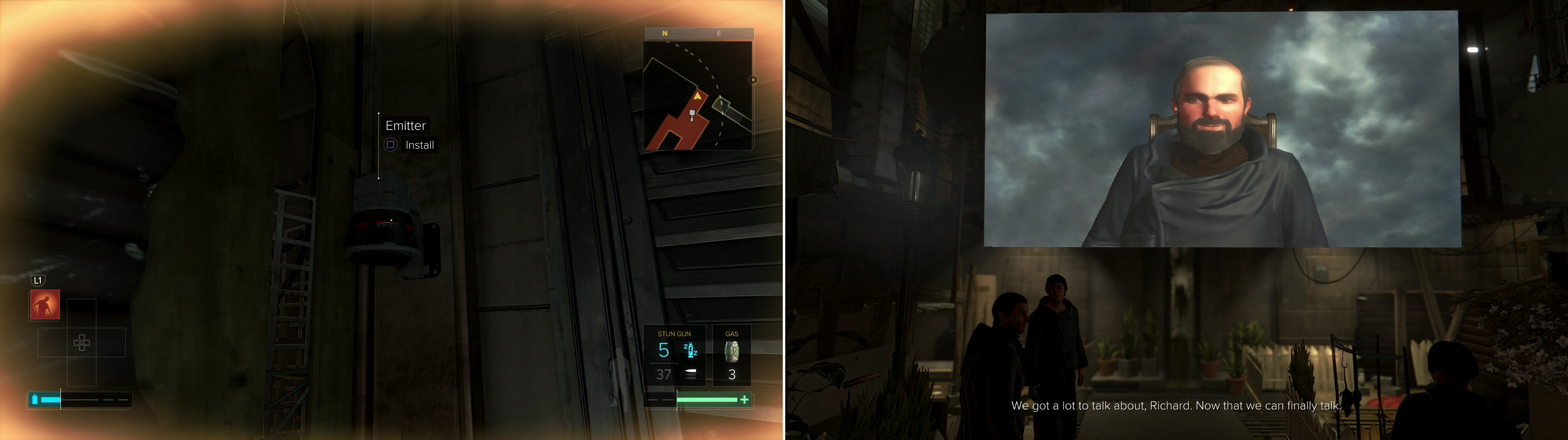 Plant the Scrambling Devices to neutralize Richard’s Emitters (left) then, with your faculties restored, confront Richard in a war of words (right).