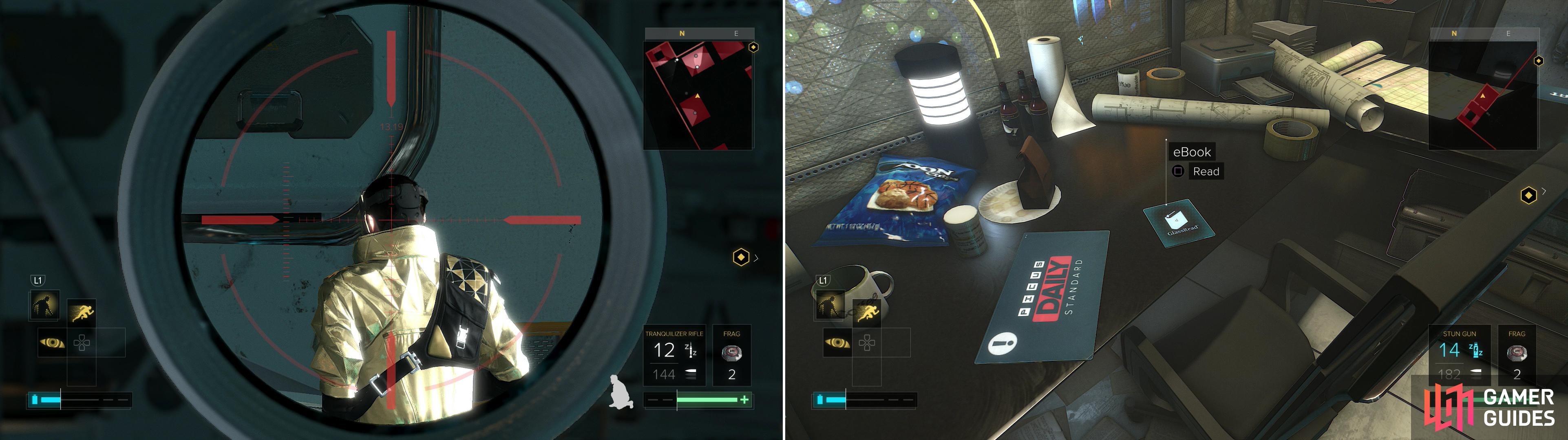 From the heights of Hangar 1 you can snipe an isolated guard (left). Enter a security room and grab a variety of collectibles (right).