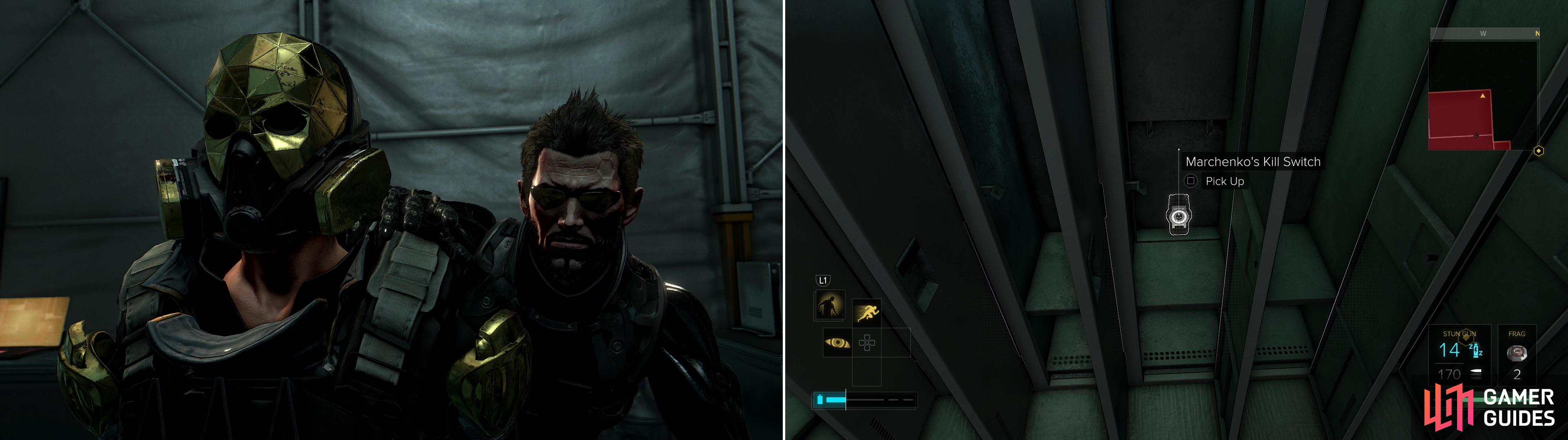 Eliminate several guards in a tent (left) then search some lockers to find Marchenko’s Kill Switch (right).