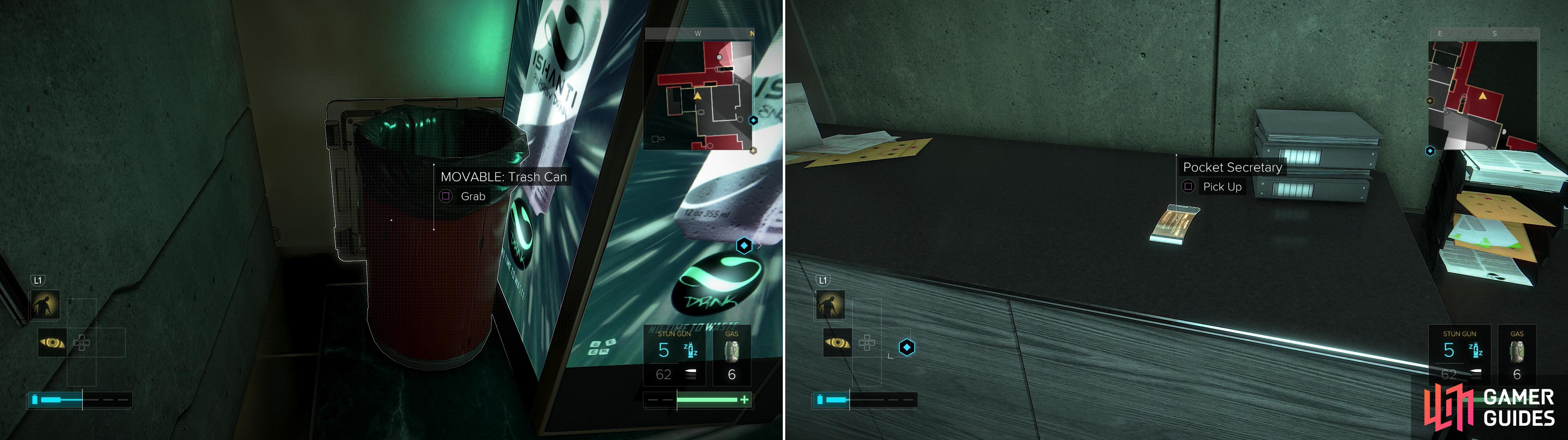 Move a Trash Can out of the way to reveal a vent (left) then sneak into a security office to find a Pocket Secretary you’ll need to disable more security (right).