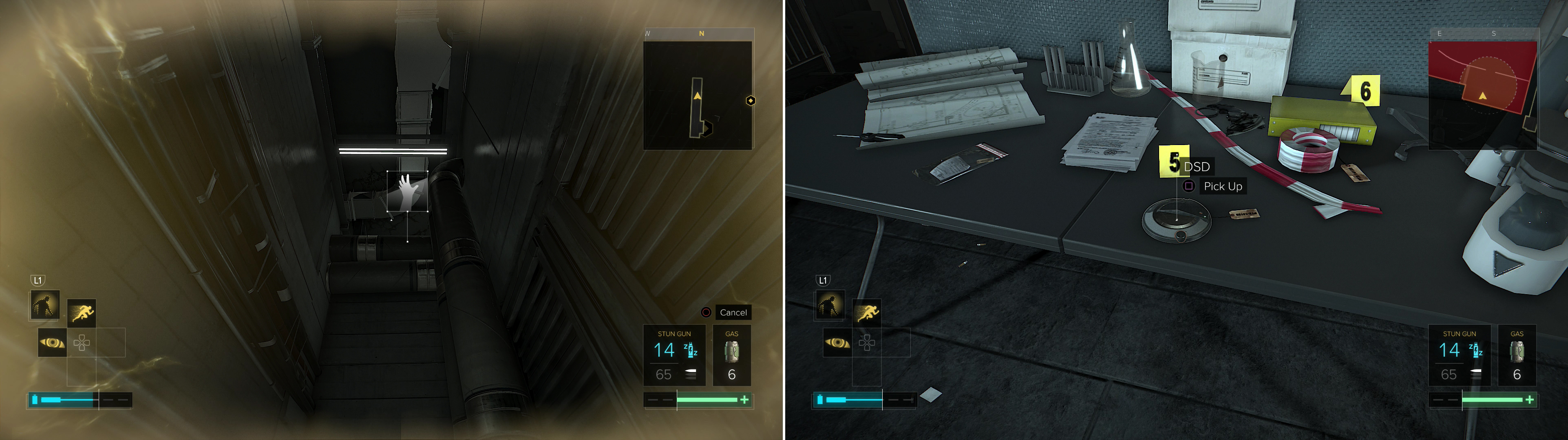 Use Icraus Dash to reach an otherwise out-of-reach ledge (left) then crawl through another vent to reach the DSD (right). Easy as pie with those two augmentations.