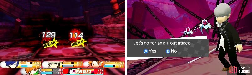 Hitting an enemy's weakness will put you into Boost mode (left). If enough characters are in Boost mode, then you can initiate an All-Out Attack at the end of a round (right).