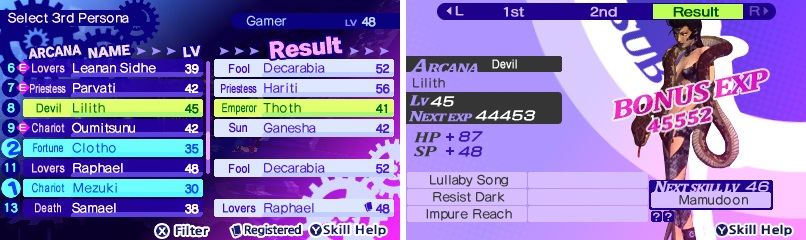 You'll gain access to more kinds of fusion as you progress in the main story, including Triangle Spread (left) and Sacrifical Fusion (right).