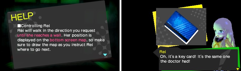 You will need to guide Rei through the darkness, in order to pick up the keycards (right) needed to unlock your trapped friends.