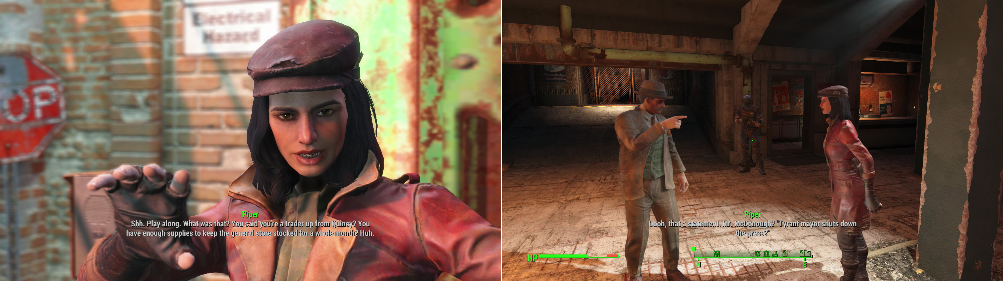 Outside of Diamond City you’ll find Piper, a colorful character who opportunistcally uses you to get back home (left). Shortly thereafter you’ll witness her and the mayor express… a difference in opinion on free speech (right).