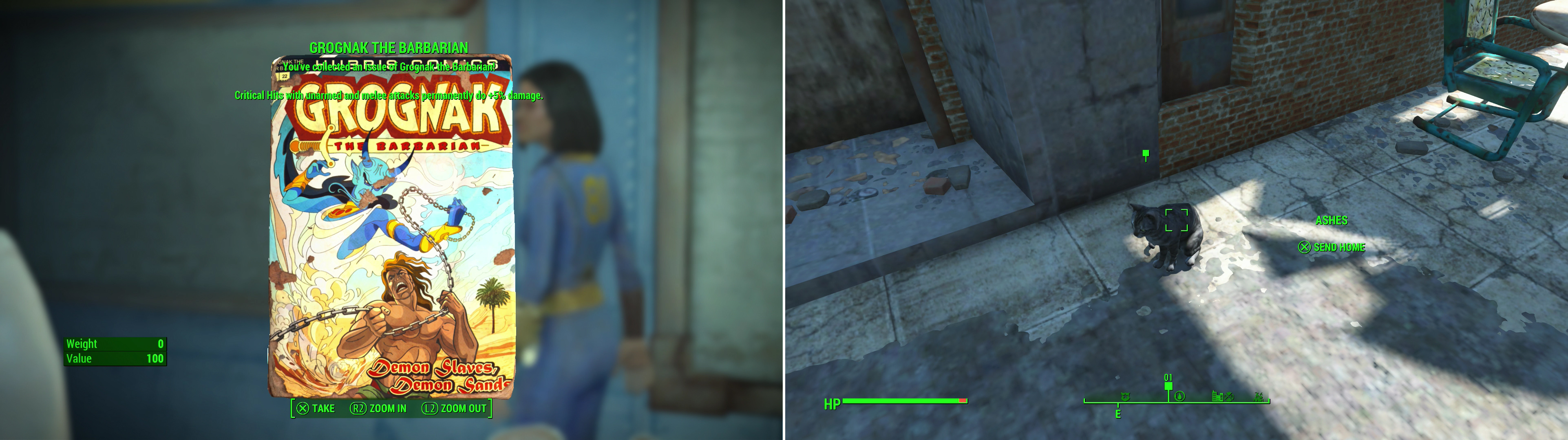 Tell the kids a story at the behest of their teacher, Katy, and you’ll get a Grognak the Barbarian comic as a reward (left). Head outside Vault 81 to find the missing kitty, Ashes (right).
