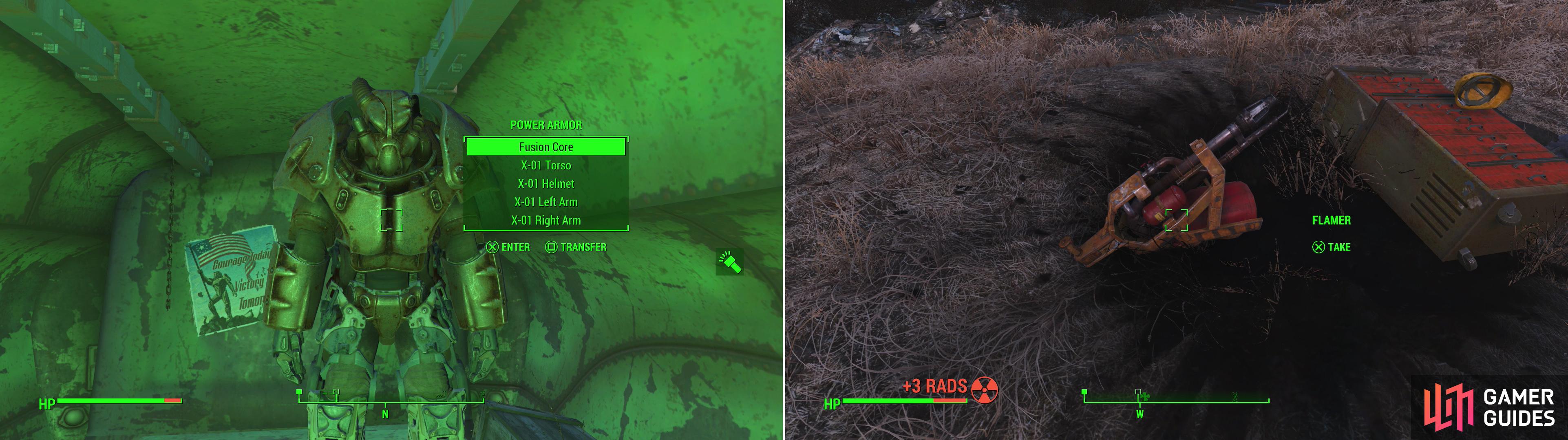 Not enough Power Armor for you? You’re in luck, as another suit can be found in the back of an APC (left). There’s little reason to visit the facility south of County Crossing, unless you fancy a free Flamer (right).