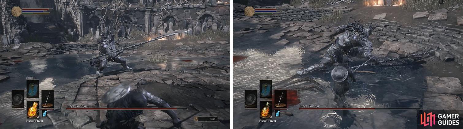 Avoid the sweeping attacks by rolling under them (left) and take in a strike or two during Gundyr’s short recovery at the end of an attack (right).