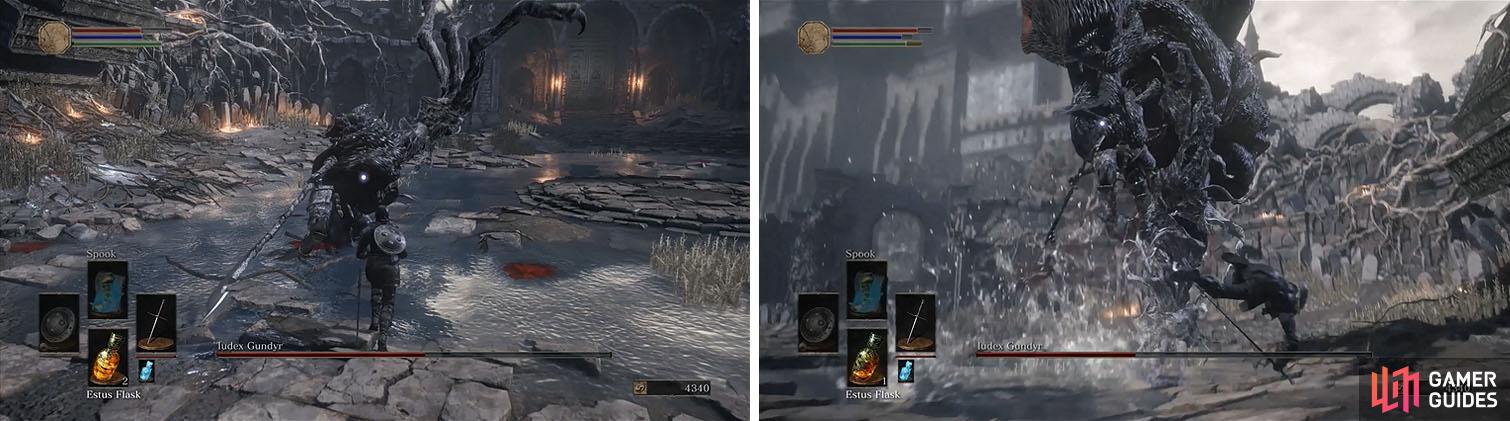 Gundyr becomes more aggressive after the transformation, leaping into the air and smashing down. Avoid this attack and strike while he recovers.