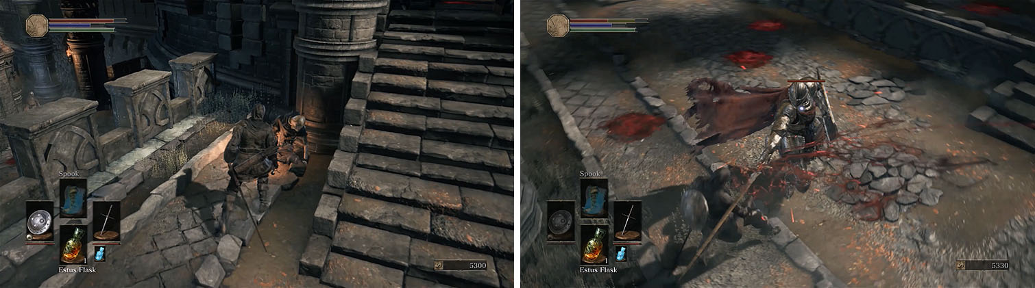Defeat the soldiers hidden next to the stairs before fighting the Lothric Knight.