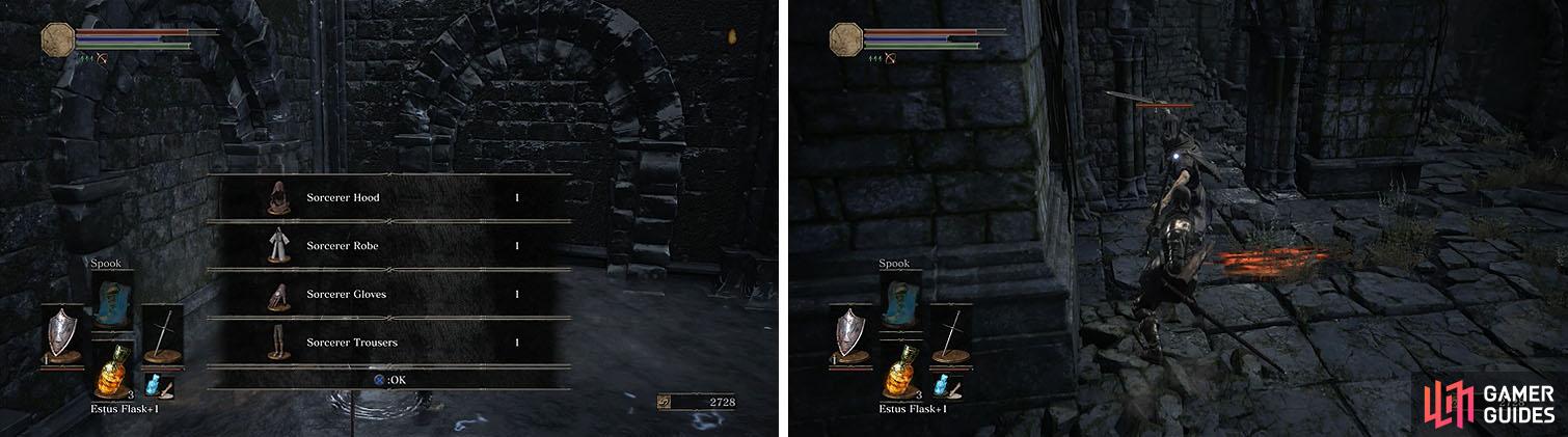 Check under the ruins for the Sage’s armor and ring and then enter the ruins.