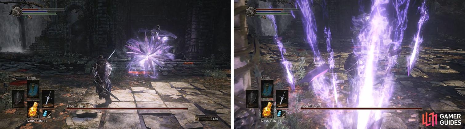The Crystal Sage uses a number of its deadly spells, such as the slow moving Ice Crystal (left) and the deadly Crystal Hail (right).