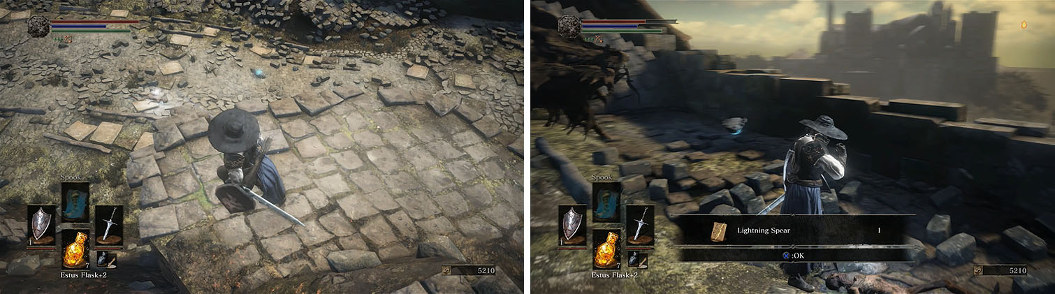 The upper ledge will allow you to get along the side of the lizards (left). Make sure to grab the Lightning Spear spell near the dragon’s corpse (right).
