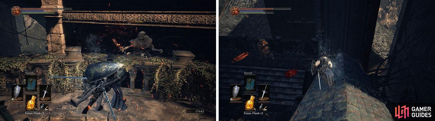 The devouts try and ambush you when you pick up the soul (left) and when you rush down the buttress try to avoid the fire bolts from the two crossbows (right).