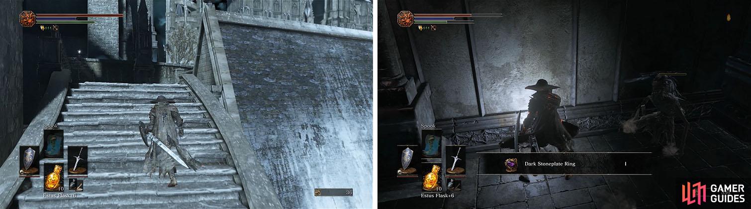There is item hanging off the edge of the building, but you can’t get it yet (left). Make sure to check the dead end for a Dark Stoneplate Ring (right).