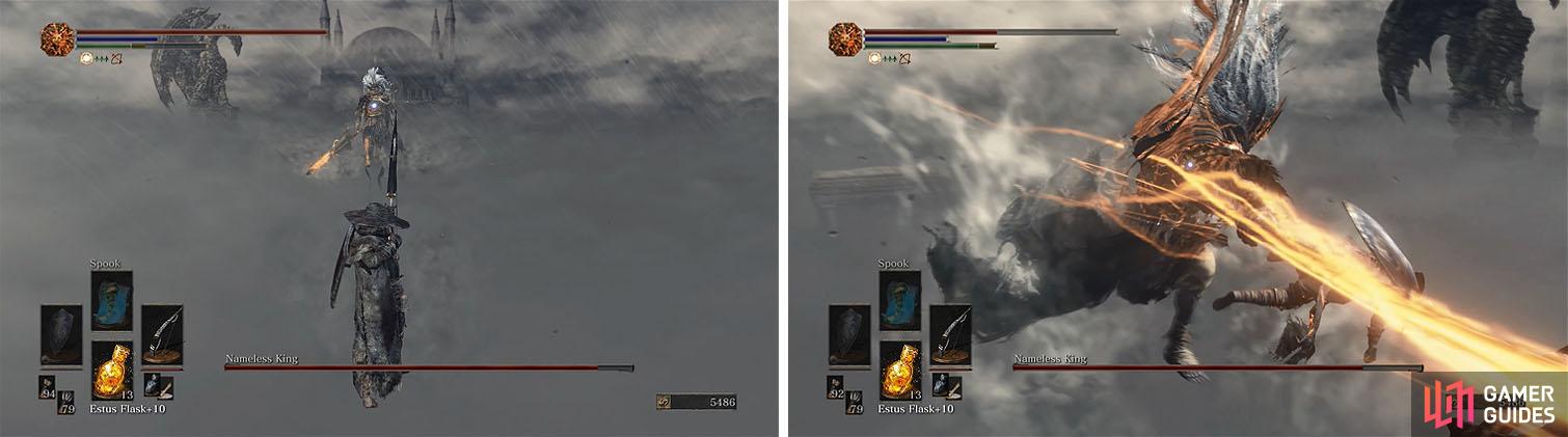 Keep your distance from the Nameless King and use ranged attacks, rolling away from any of the attacks that get too close or make you uncomfortable.
