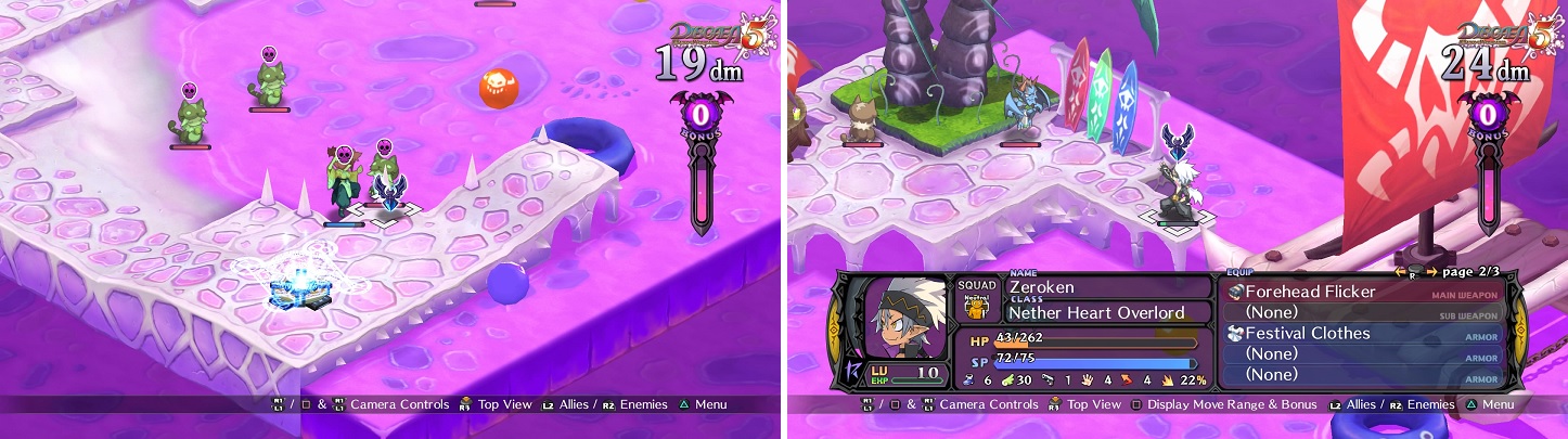 Unless they are flying units, both friends and foes will be poisoned by standing in the purple liquid (left). It’s likely the neutral NPC here will take out a few enemies (right) before perishing himself.