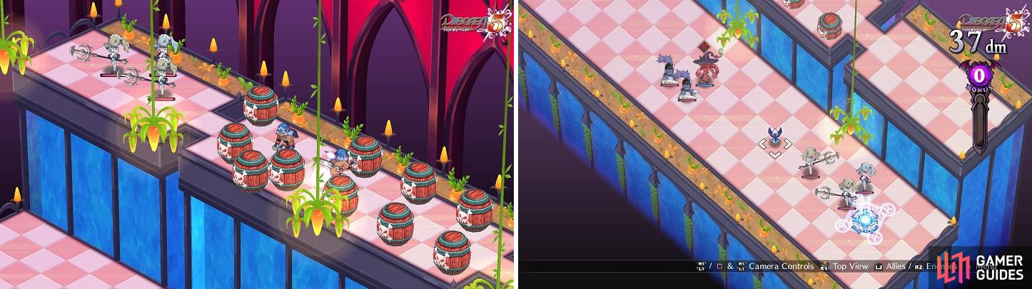 Not only do the Wrestlers toss the bomb barrels down at you (left), but the Maids will drop down to perform a pincer attack (right).
