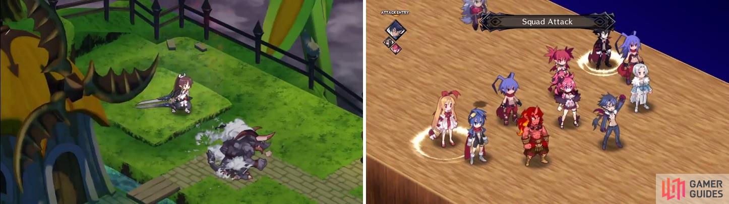 The Lady Samurai will have extra stats from the two Twin Dragons Magichanging with her (left). Don’t forget that Squad Attack hits all enemies that are in a squad together (right).