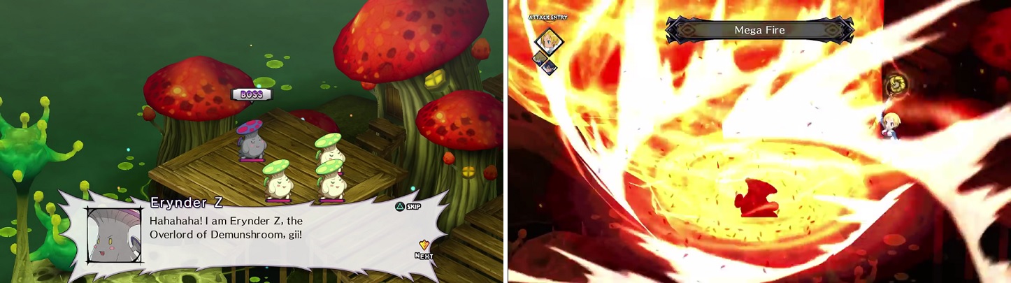 Erynder Z is definitely the biggest problem in this battle (left). The normal Shrooms are weak to fire (right).