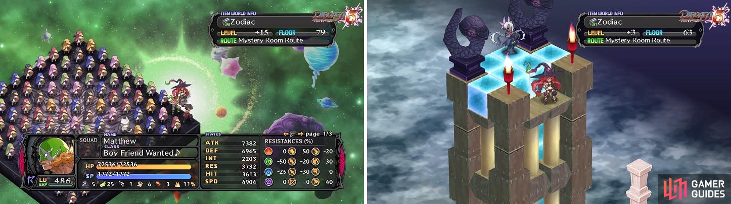 That’s certainly a lot of Prinnies (left). Climb to the top of the tower for a chance at duplicating the item you’re currently inside (right).