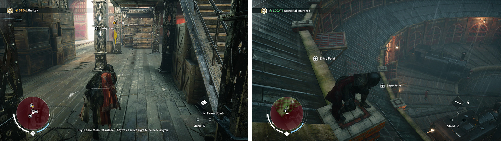 After pickpocketing the key (left) make your way over to the building with the secret lab (right).