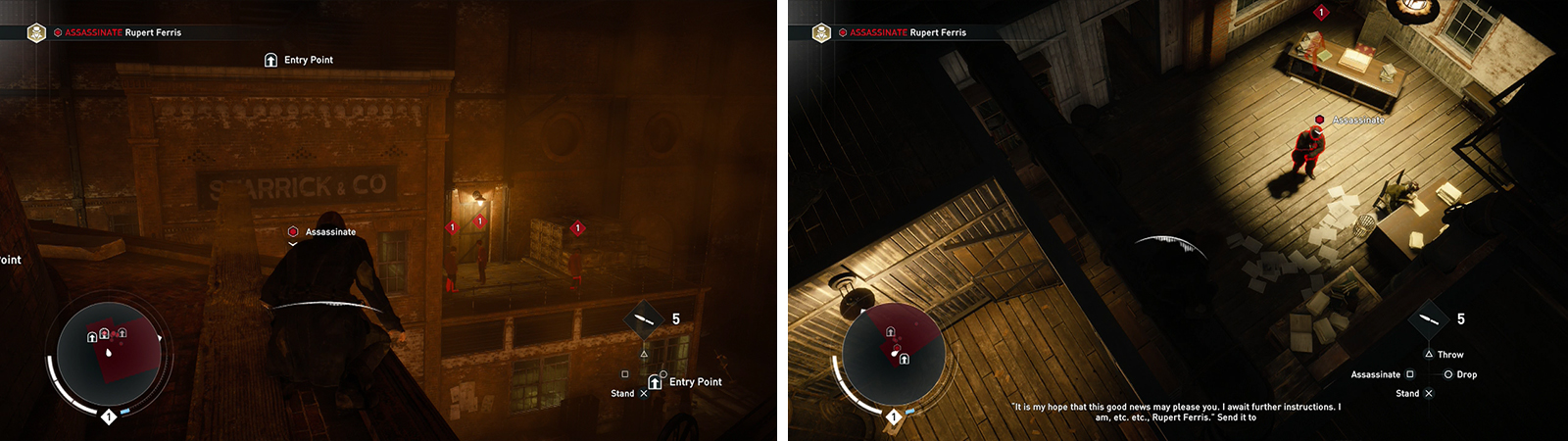 There are several entrances to the target’s room (left), Entering from the top allows you to perform an air assassination (right).