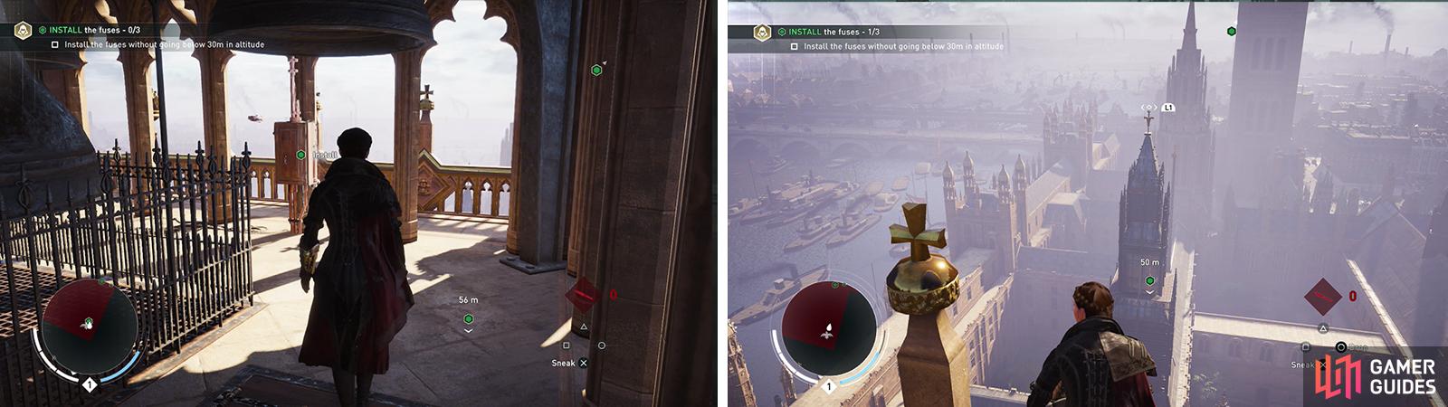 You’ll need to disable three fuses (left). Use the rope launcher between the spires to stay above 30 meters (right).
