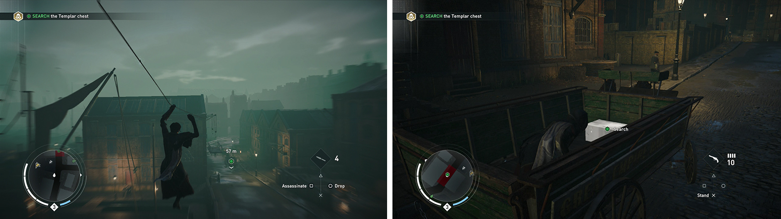 Zipline down to the building above the crate (left) and then enter the cart with the crate (right) when it is safe to do so.