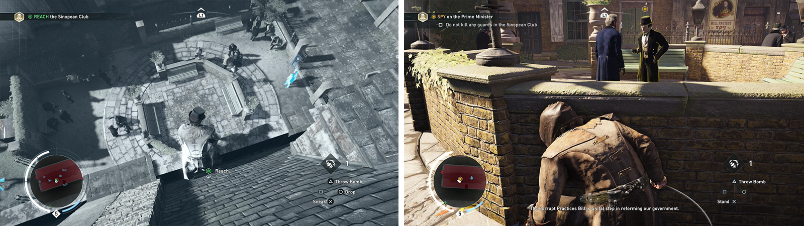 Drop down into the courtyard at the objective marker (left). Use the half wall to eavesdrop on the conversation (right).