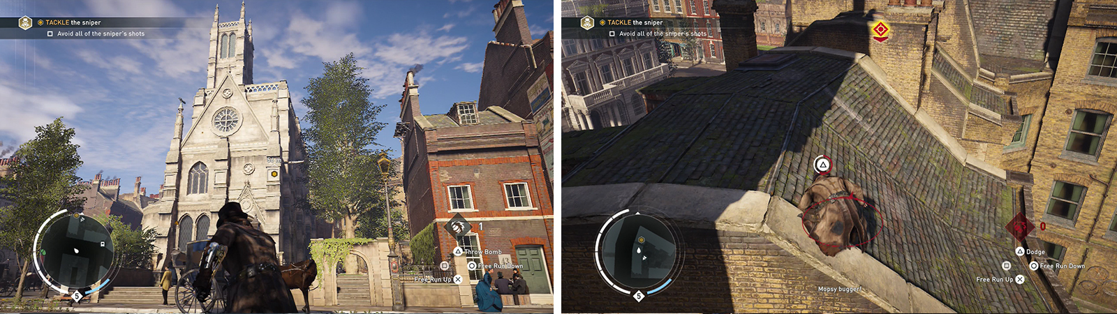 Climb to the nearby rooftop (left) to chase the Sniper. Be sure to hit the button prompt to avoid the shots (right) during the chase.