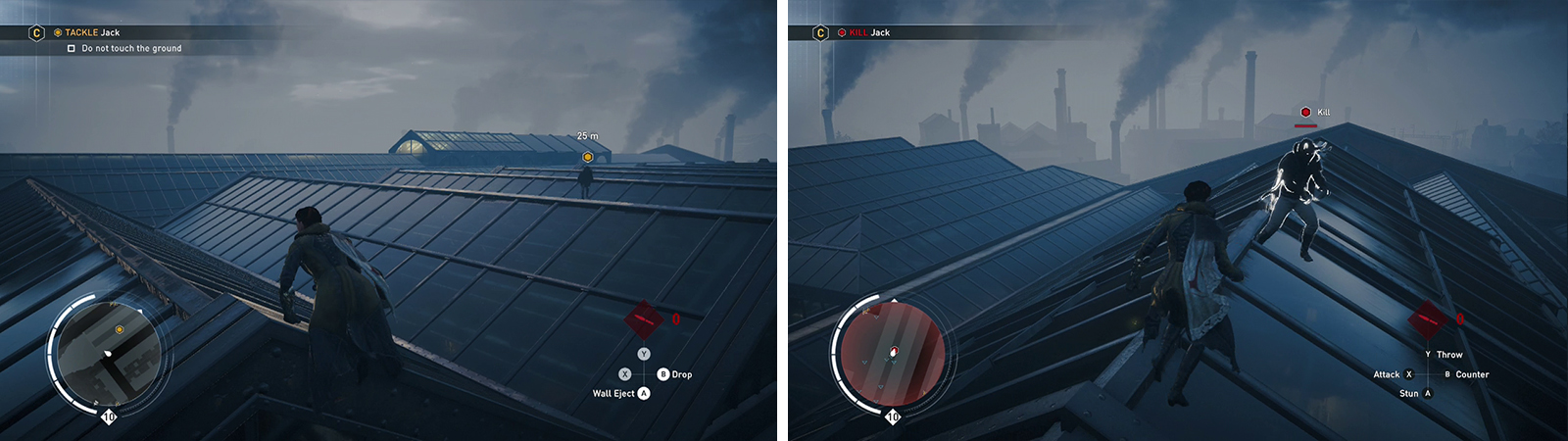Once you reach the roof of the train station (left) the target will turn and fight you (right).