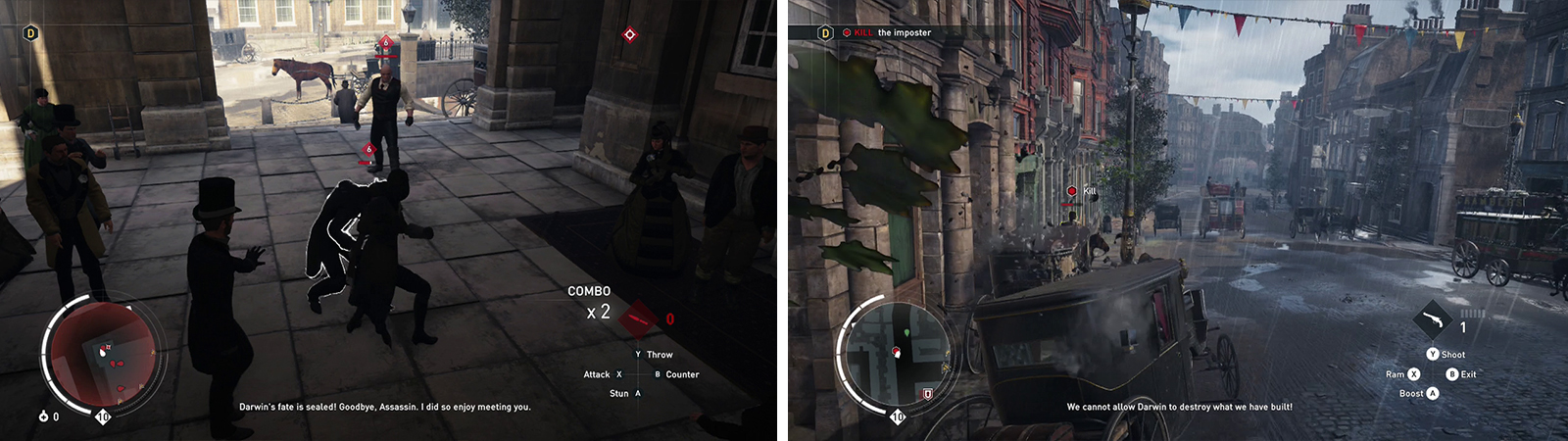 As soon as you exit the station you’ll be attacked (left). Grab a carriage and chase down and kill the target (right).