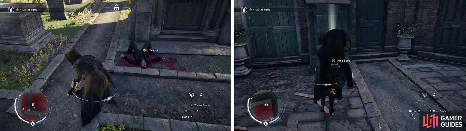 Grab the body from the cemetary (left) and take it to one of the hiding spots (right).