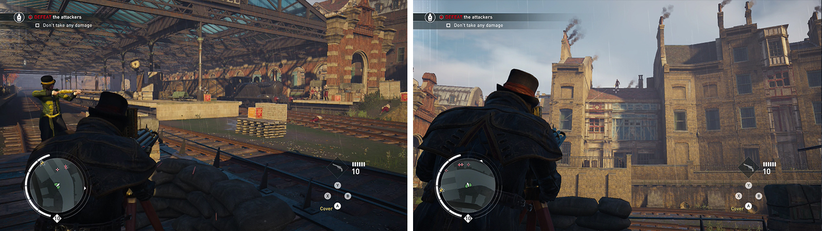 Watch out for enemies on the station platforms (left) and the rooftops on the right (right).