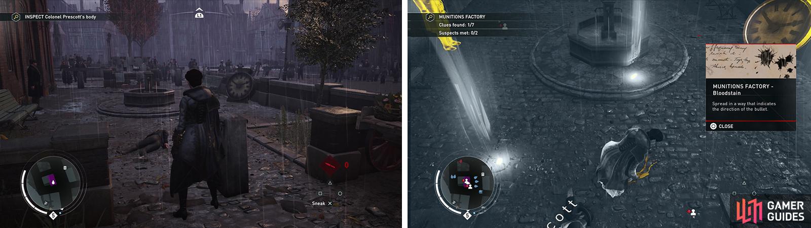 Investigate the body (left) and then investigate the clues in the search area (right).