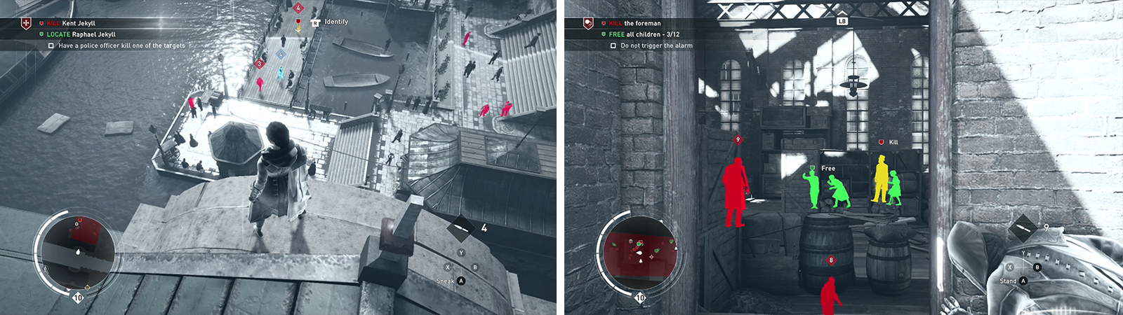 Use Eagle Vision from high locations (left). Tagging NPCs will allow you to see them through walls (right).